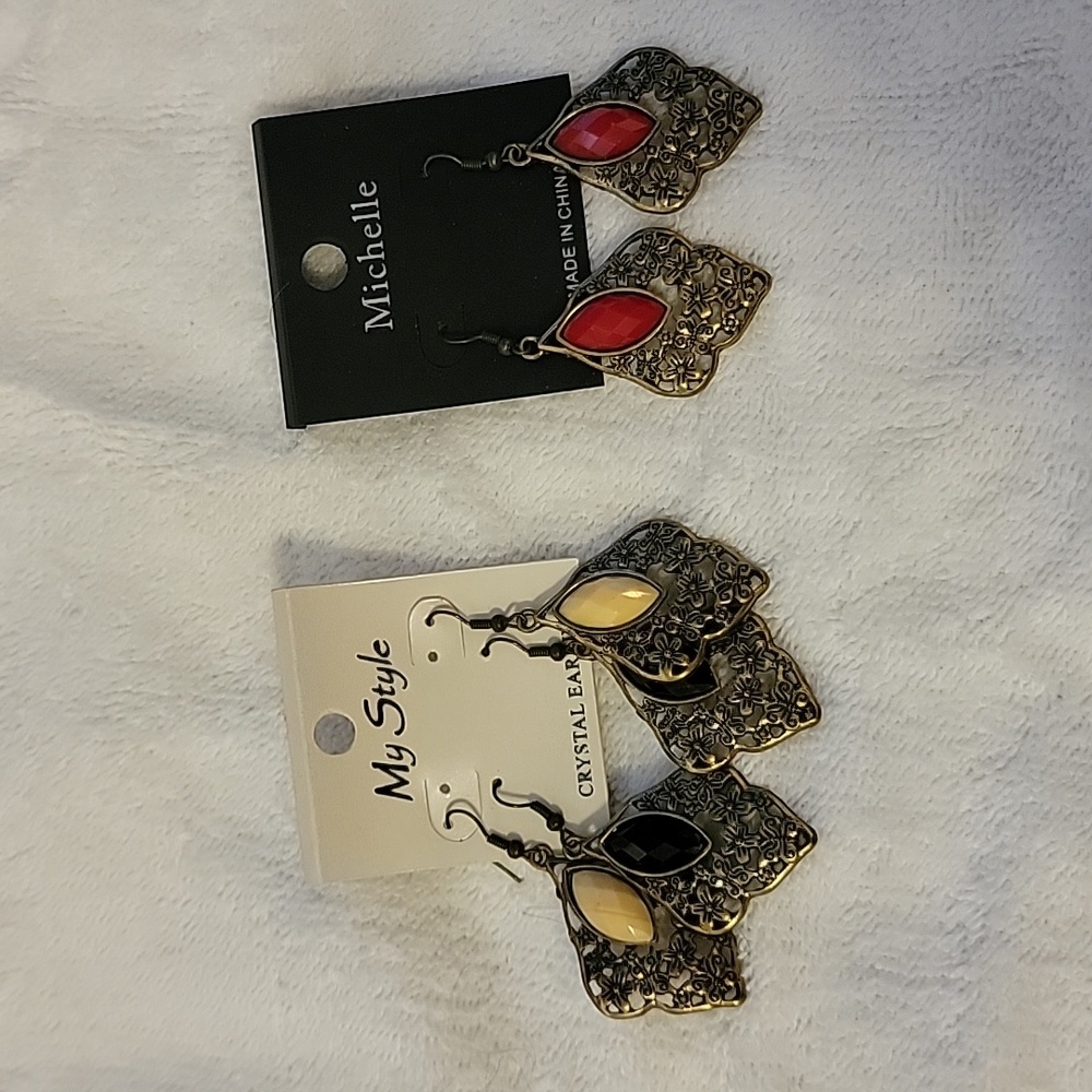 (3) Fantasy Earrings Red, Beige, Black